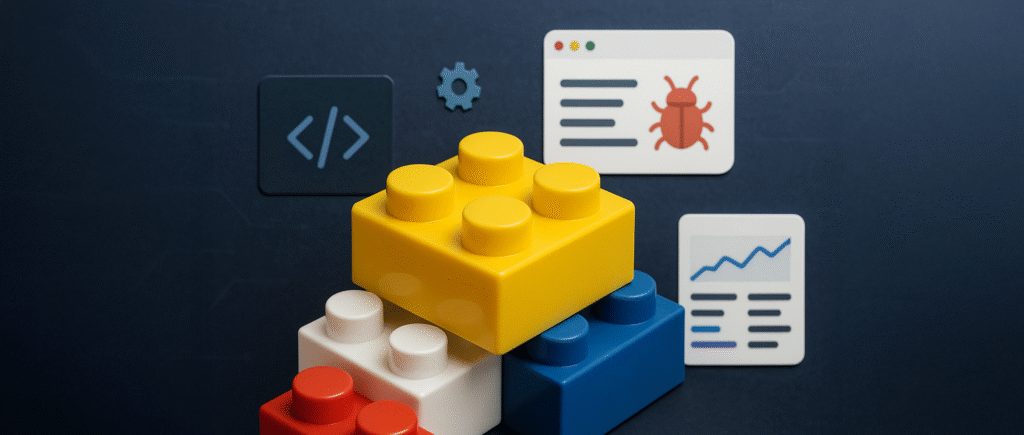 Symbolisches Bild: Bunte Legosteine, die miteinander verbunden werden - eine Metapher für modulare Softwareentwicklung mit der bloon-Plattform